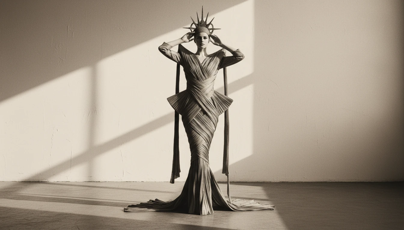 Sculptural fashion silhouette in a sunlit studio